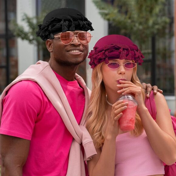 ⚡Men Women Colorful Tassel Black Satin Head Wraps Skull Cap Braid Beanie Turban - Picture 9 of 9